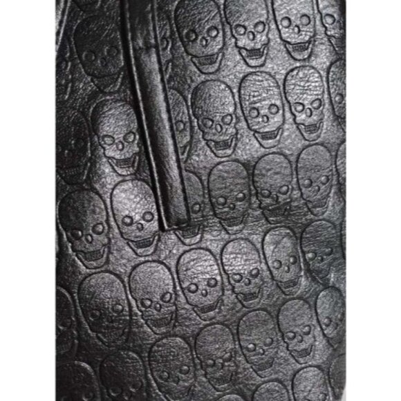 New Goth Skull Print Black Tote Purse Handbag All Over Embossed PU Leather Roomy - Picture 3 of 5